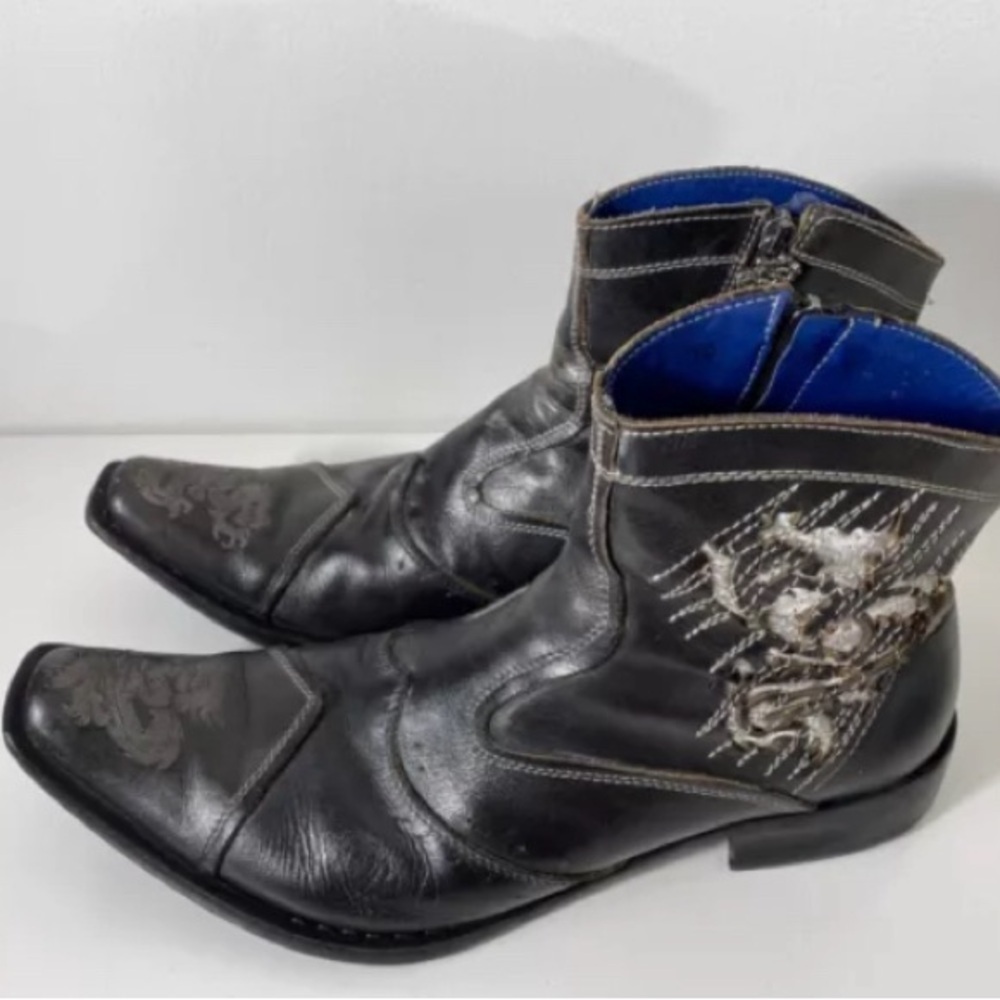Black Leather Cowboy Boots with Silver Embroidery
